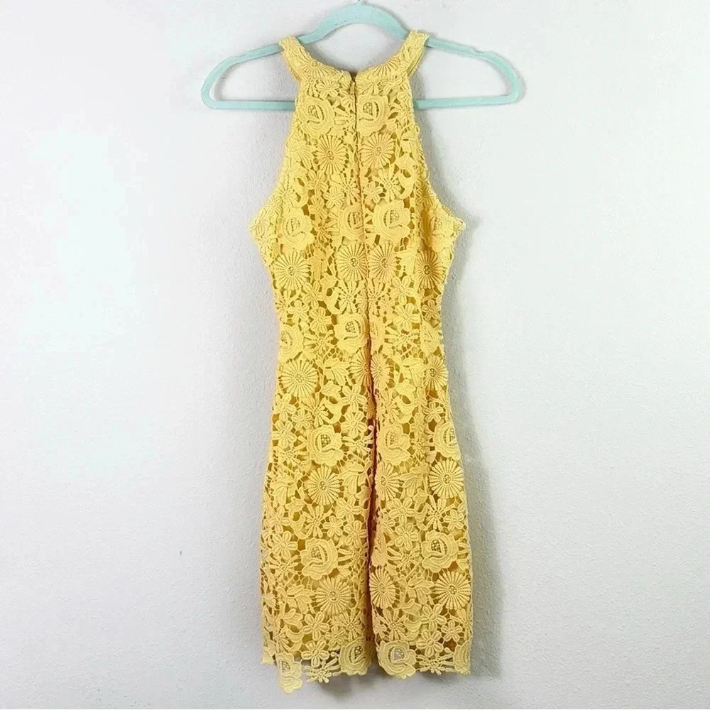Lulus Love Poem Yellow Lace Eyelet Mini Dress Halter Neck size M - lined - Picture 7 of 16